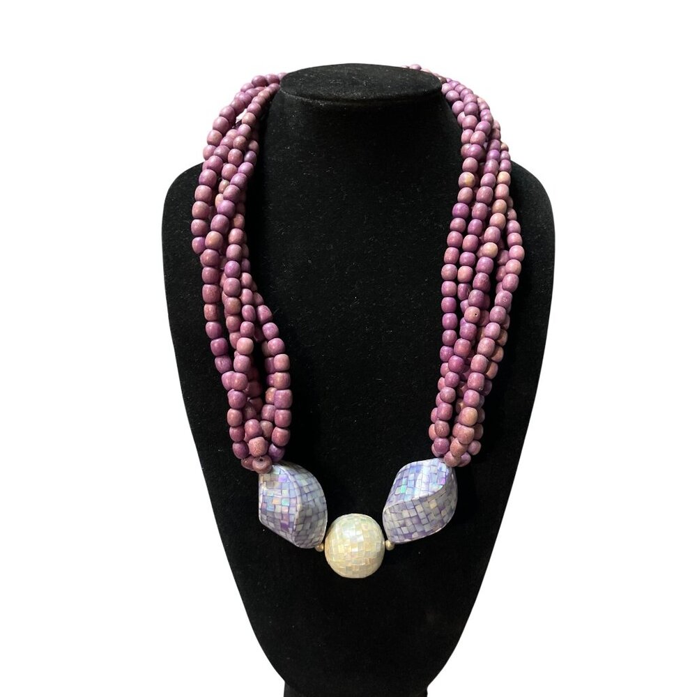 Multi-Strand Purple Wooden Bead Necklace W/ Iridescent Mosaic Accent Beads & Hoo
